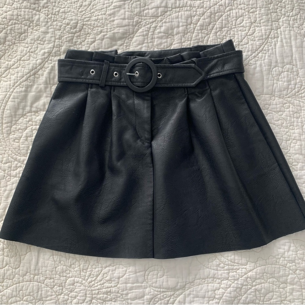 Zara Black Faux leather mini Skater Skirt with removable Belt